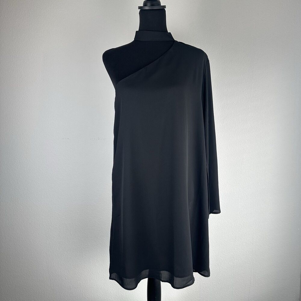 Three Eighty Two Dress Womens Large Black One Shoulder LBD Cocktail Minimalist - Picture 2 of 16